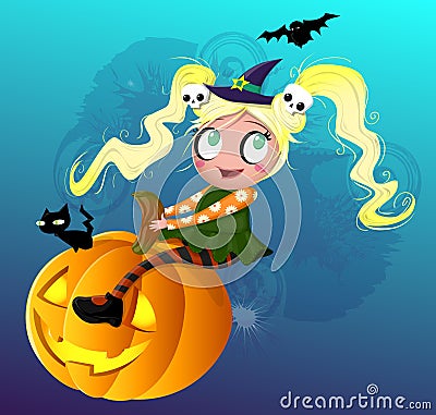 Little Witch on Pumpkin Vector Illustration