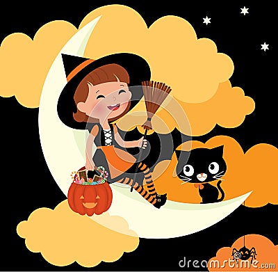 Little witch riding on the moon on Halloween night Vector Illustration