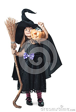 Little witch shows the collected candy Stock Photo