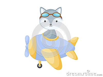 Little wolf wearing aviator goggles flying an airplane. Funny baby character flying on plane for greeting card, baby shower, Vector Illustration