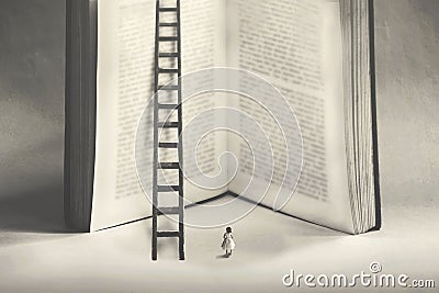 Little woman undecided whether to climb the knowledge of a giant book Stock Photo