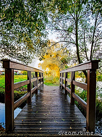 Little wooden bridge over a small stream of water into a meadow landscape with yellow colored birch trees Stock Photo