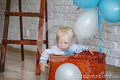 Little-year-old blond boy in traditional Ukrainian embroidered s Stock Photo