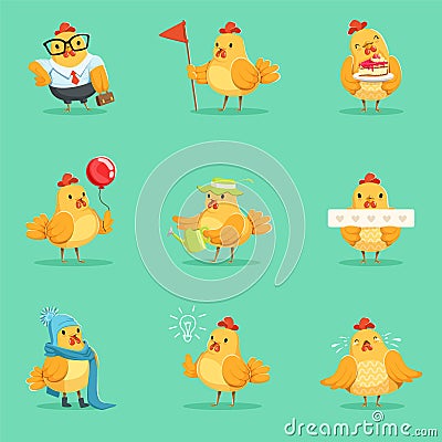 Little Yellow Chicken Chick Different Emotions And Situations Series Of Cute Emoji Illustrations Vector Illustration