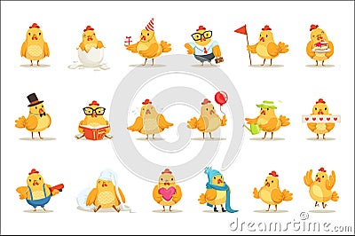Little Yellow Chicken Chick Different Emotions And Situations Set Of Cute Emoji Illustrations Vector Illustration