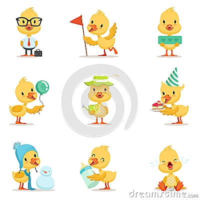 Little Yellow Duck Chick Different Emotions And Situations Set Of Cute Emoji Illustrations Vector Illustration