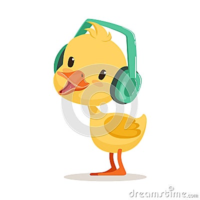 Little yellow duck chick listening to music on headphones, cute emoji character vector Illustration Vector Illustration