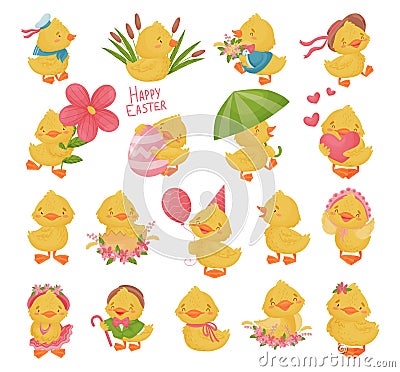 Little Yellow Duckling Engaged in Different Activity Big Vector Set Vector Illustration