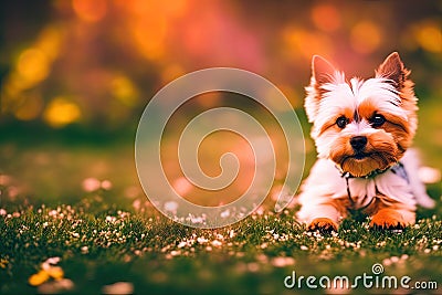 Little Yorkshire Terrier puppy posing with nature background, generative ai color grading. Cute Yorkie Dog watching to camera Stock Photo
