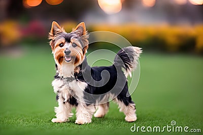 Little Yorkshire Terrier puppy posing with nature background, generative ai color grading. Cute Yorkie Dog watching to camera Stock Photo