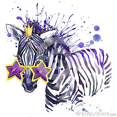 little zebra T-shirt graphics. little zebra illustration with splash watercolor textured background. unusual illustration waterc Cartoon Illustration