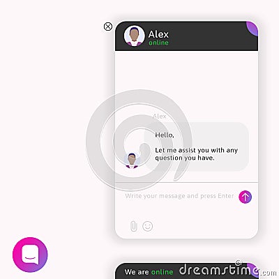 Live chat window. Online help frame kit. AI chatbot support ui interface Vector Illustration