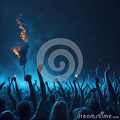 Live Concert Performence, Festival, Night Club Party, Cheering Crowd, Lots of People Silhouette, Neon Color Lights Lasers and Stock Photo