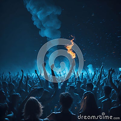 Live Concert Performence, Festival, Night Club Party, Cheering Crowd, Lots of People Silhouette, Neon Color Lights Lasers and Stock Photo