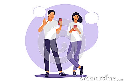 Live conversation between two friends. Guy and girl standing with phones and speech bubbles. Vector illustration. Flat Vector Illustration