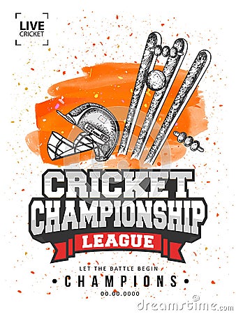 Live Cricket Championship League template or flyer design with doodle illustration of cricket equipment. Cartoon Illustration
