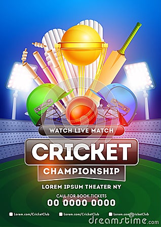 Live Cricket Championship template or flyer design with details, match between two team. Stock Photo