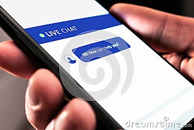 Live customer chat or chatbot service. Support bot for online help on website. Automated message in mobile phone. Stock Photo