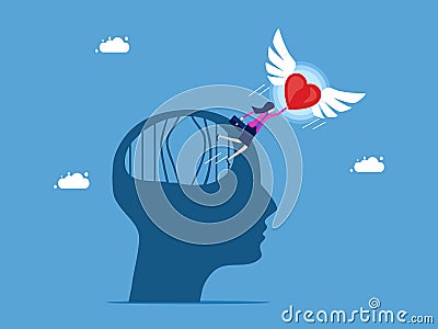 Live independently and follow heart. The heart leads the businesswoman out of the brain prison Vector Illustration