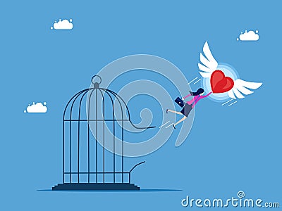 Live independently and follow your heart. The heart leads the businesswoman out of the prison Vector Illustration