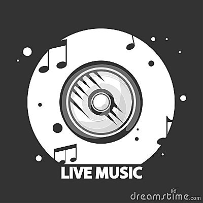 Live music black and white logotype with vynil record Vector Illustration