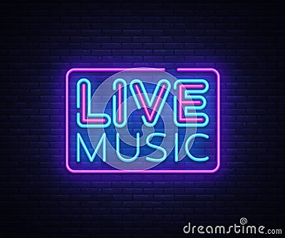 Live Music neon sign vector. Live Music design template neon sign, light banner, neon signboard, nightly bright Vector Illustration