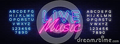 Live Music neon sign vector. Live Music Design template neon sign, light banner, neon signboard, nightly bright Vector Illustration