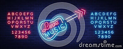 Live music neon sign vector, poster, emblem for live music festival, music bars, karaoke, night clubs. Template for Vector Illustration