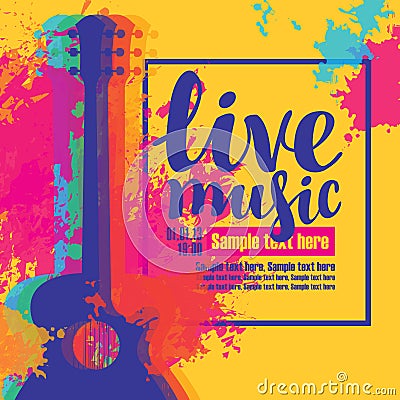 Live music poster with multicolor acoustic guitars Vector Illustration