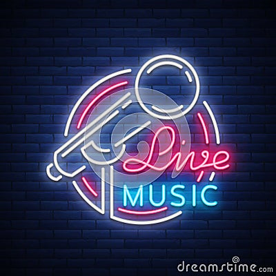 Live musical vector neon logo, sign, emblem, symbol poster with microphone. Bright banner poster, neon bright sign Vector Illustration