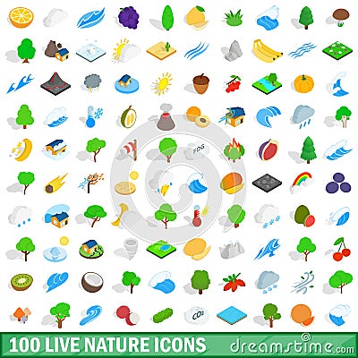 100 live nature icons set, isometric 3d style Vector Illustration