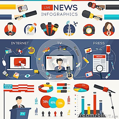 Live news infographic set with charts and collection of icons vector elements Vector Illustration