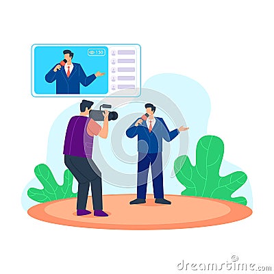 Live news telecast vector illustration concept, Male presenter interviewing man in television live news show video camera shooting Cartoon Illustration