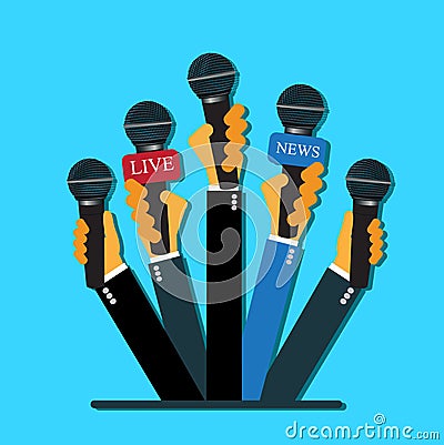 Live report concept, live news, hands, journalists, microphones, flat style, vector web design and infographic Vector Illustration