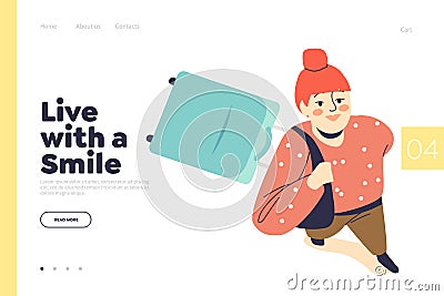 Live with smile concept of landing page with young girl with suitcase looking up Vector Illustration