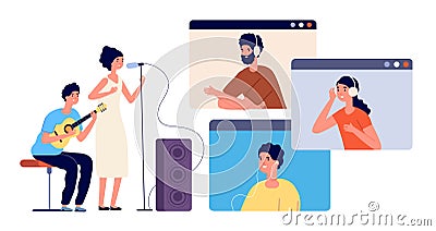 Live stream. Music streaming, online event or musical blogger. Modern video party entertainment, dj singer and audience Vector Illustration