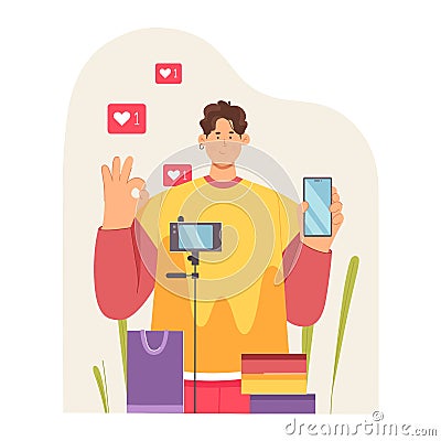 Live stream, review of purchases in social media from blogger with mobile phone, camera Vector Illustration