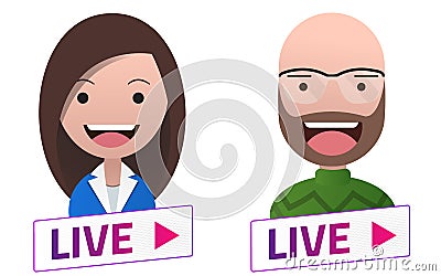 Live Stream sign with Man Woman Professor avatar set. Emblem, lo Vector Illustration