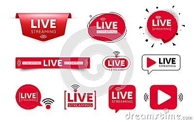 Live streaming icons. Red buttons of broadcasting, live online stream. Template for live tv shows. Vector Vector Illustration