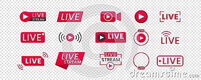 Live streaming icons on transparent background. Buttons for broadcasting, livestream or online stream. Template for tv Vector Illustration