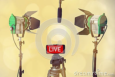 live streaming mobile concept, production ,Television broadcast multimedia, Yellow background Stock Photo