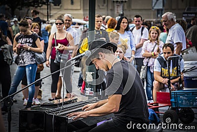 Live street concert in a public square in Prague Editorial Stock Photo