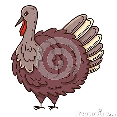 Live turkey. Poultry. The symbol of Thanksgiving. Design element with outline. Doodle, hand-drawn. Flat design. Color Vector Illustration