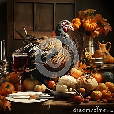 Live turkey walking around the table around pumpkins glasses, flowers, leaves. Turkey as the main dish of thanksgiving for the Vector Illustration