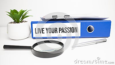 LIVE YOUR PASSION words on labels with document binders Stock Photo