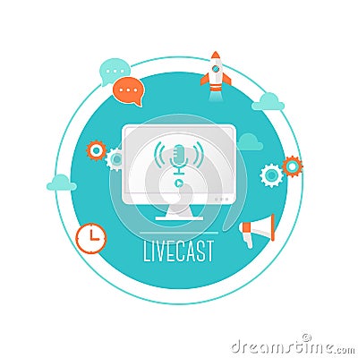 Livecast or Web Stream Illustration. Computer with Microphone Icon on Screen Surrounded by Technology Icons Vector Illustration