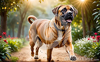 A lively and adorable Brazilian Mastiff dog is happily running in the garden! Stock Photo