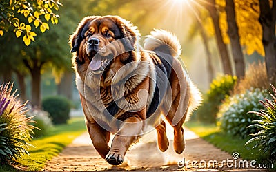 A lively and adorable Tibetan Mastiff dog is happily running in the garden! Stock Photo