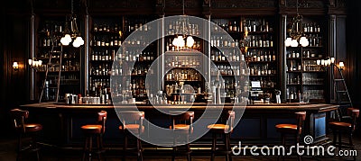 Lively bar atmosphere with cocktails, glassware, and ambient lighting in a luminous bokeh scene. Stock Photo