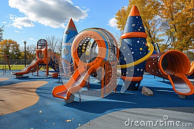 A lively childrens play area filled with excitement and laughter as kids slide down the vibrant slide and enjoy a swing ride, A Stock Photo
